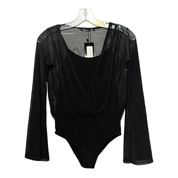 Nasty Gal Wrap Bodysuit Black Mesh Sheer Overlay Flare Sleeve Blouse Snap Size 4 - Picture 6 of 7